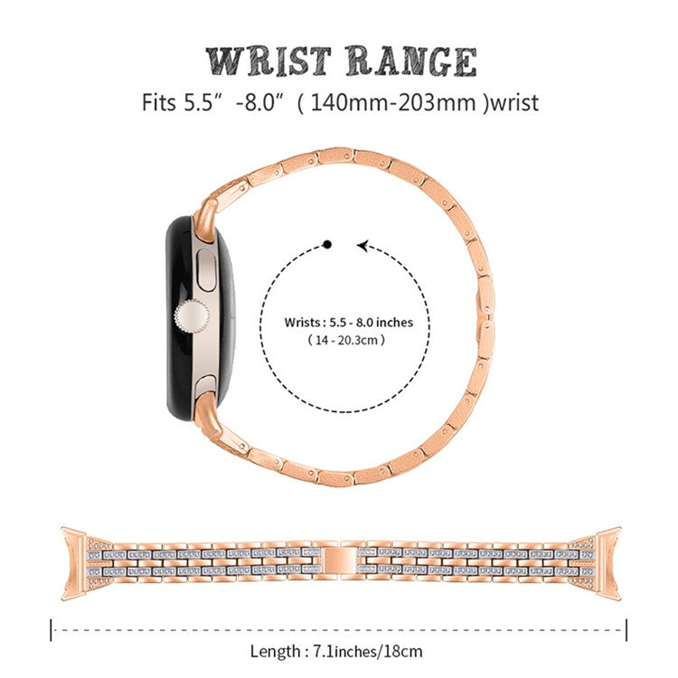 2 Rows Rhinestone Decor Watch Band for Google Pixel Watch 2 / Pixel Watch 5 Beads Metal Wrist Strap Replacement - Rose Gold / Silver