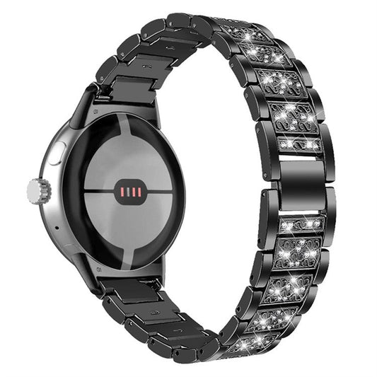 For Google Pixel Watch 2 / Pixel Watch Rhinestone Decor Watch Band Metal Watch Strap Replacement - Black