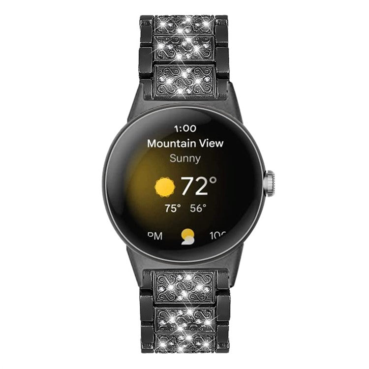 For Google Pixel Watch 2 / Pixel Watch Rhinestone Decor Watch Band Metal Watch Strap Replacement - Black