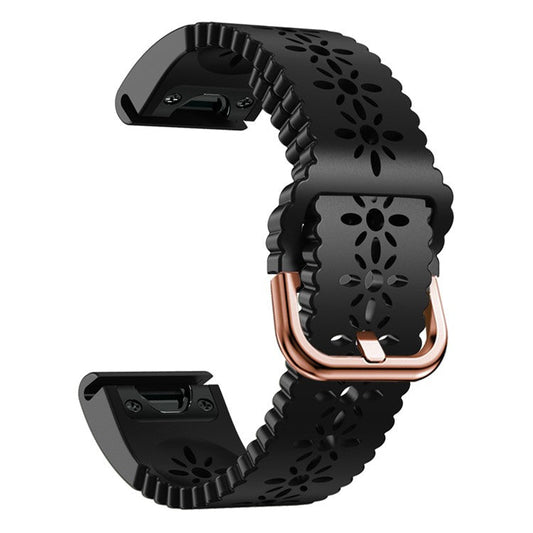 For Garmin Fenix 7S / 6S Pro / 5S Plus / Instinct 2S Hollow-out Flower Pattern Silicone Watch Band Adjustable Quick Release Soft Strap Replacement - Black