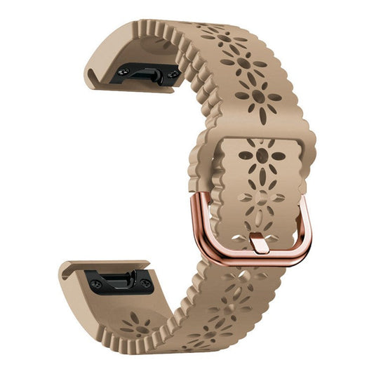 For Garmin Fenix 7S / 6S Pro / 5S Plus / Instinct 2S Hollow-out Flower Pattern Silicone Watch Band Adjustable Quick Release Soft Strap Replacement - Khaki
