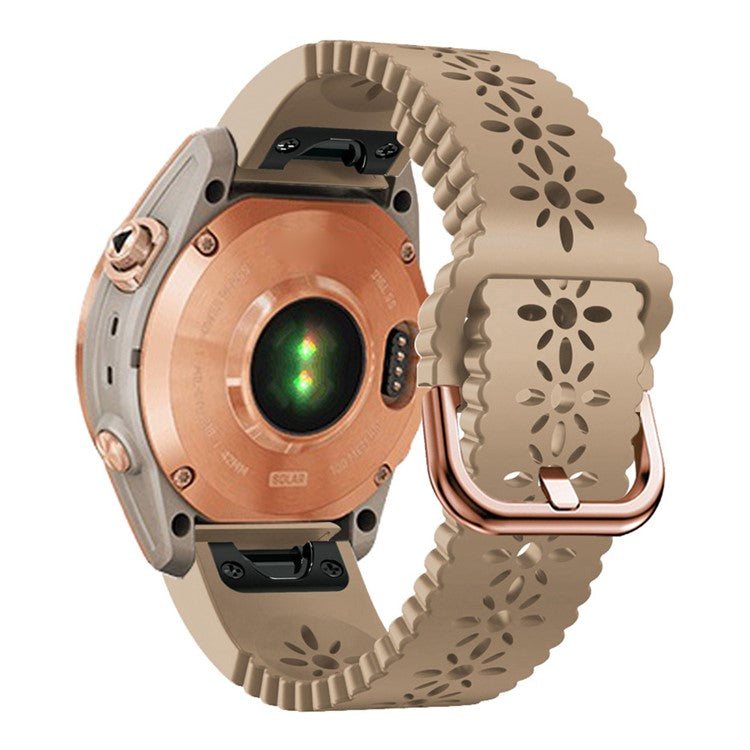 For Garmin Fenix 7S / 6S Pro / 5S Plus / Instinct 2S Hollow-out Flower Pattern Silicone Watch Band Adjustable Quick Release Soft Strap Replacement - Khaki