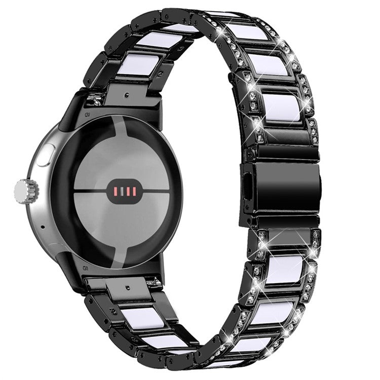 For Google Pixel Watch 2 / Pixel Watch Stainless Steel Resin Strap Bracelet Rhinestone Decor Replacement Wristband - Black  /  White