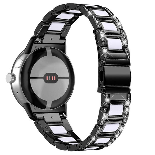 For Google Pixel Watch 2 / Pixel Watch Stainless Steel Resin Strap Bracelet Rhinestone Decor Replacement Wristband - Black  /  White