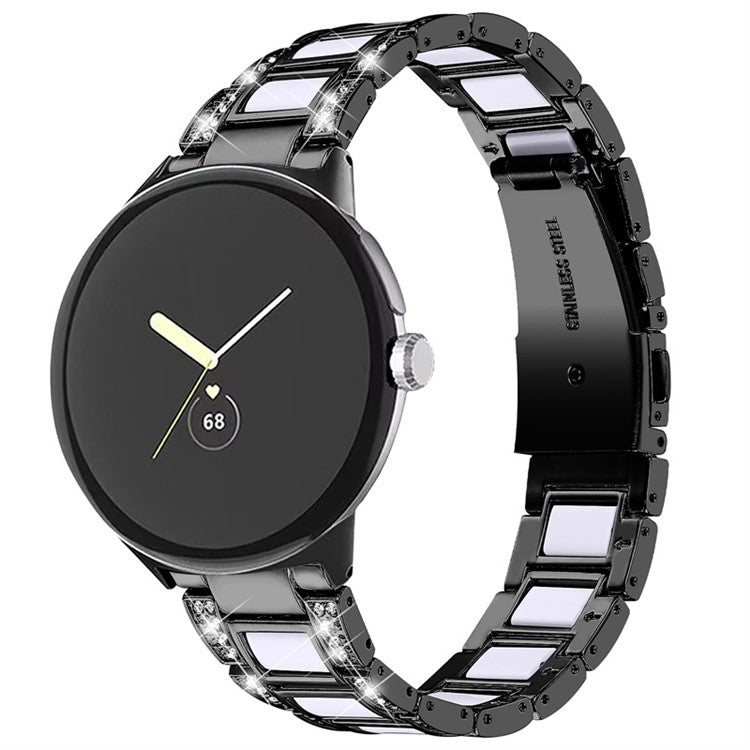 For Google Pixel Watch 2 / Pixel Watch Stainless Steel Resin Strap Bracelet Rhinestone Decor Replacement Wristband - Black  /  White