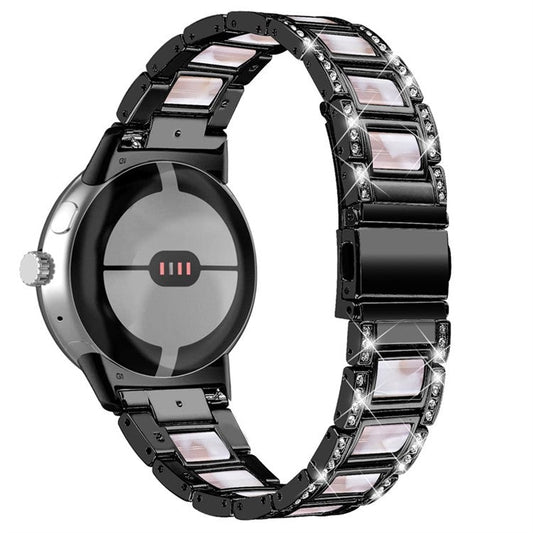For Google Pixel Watch 2 / Pixel Watch Stainless Steel Resin Strap Bracelet Rhinestone Decor Replacement Wristband - Black  /  Pink Mix