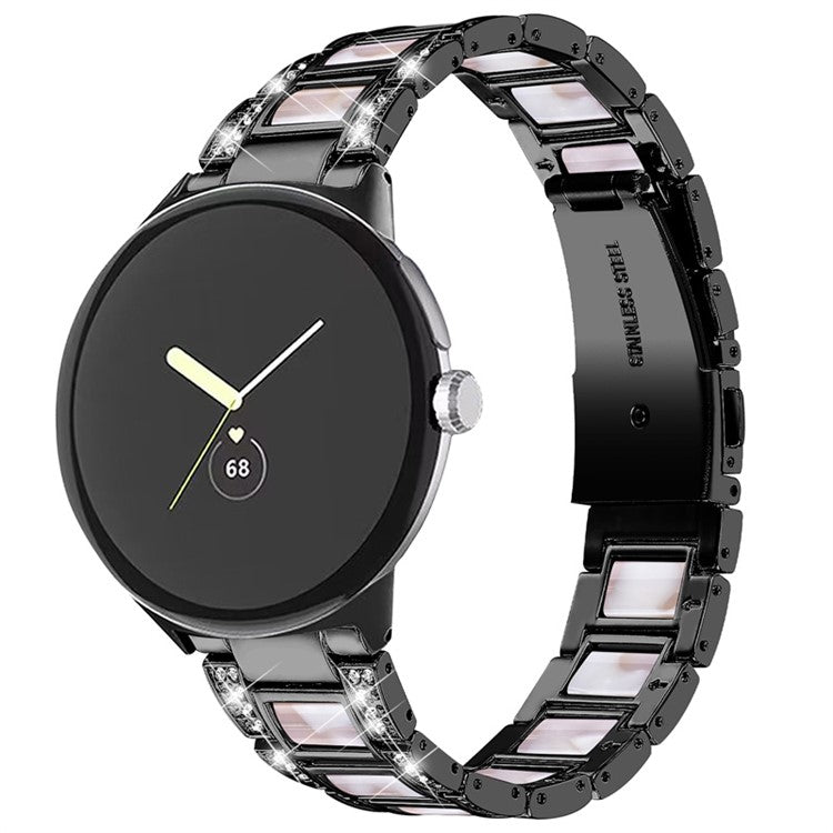 For Google Pixel Watch 2 / Pixel Watch Stainless Steel Resin Strap Bracelet Rhinestone Decor Replacement Wristband - Black  /  Pink Mix
