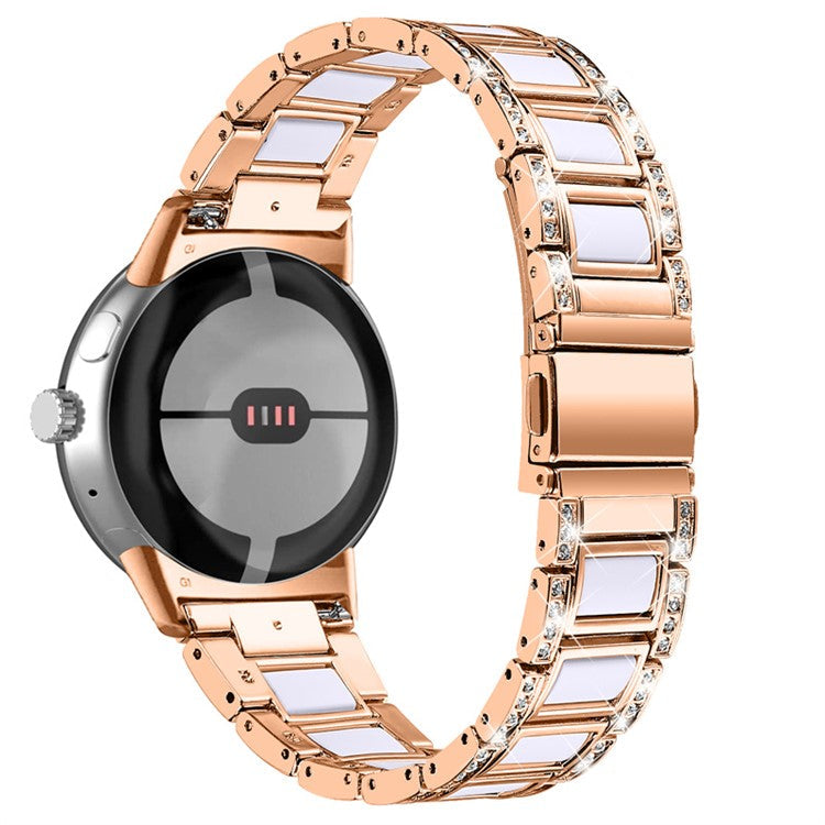 For Google Pixel Watch 2 / Pixel Watch Stainless Steel Resin Strap Bracelet Rhinestone Decor Replacement Wristband - Rose Gold  /  White