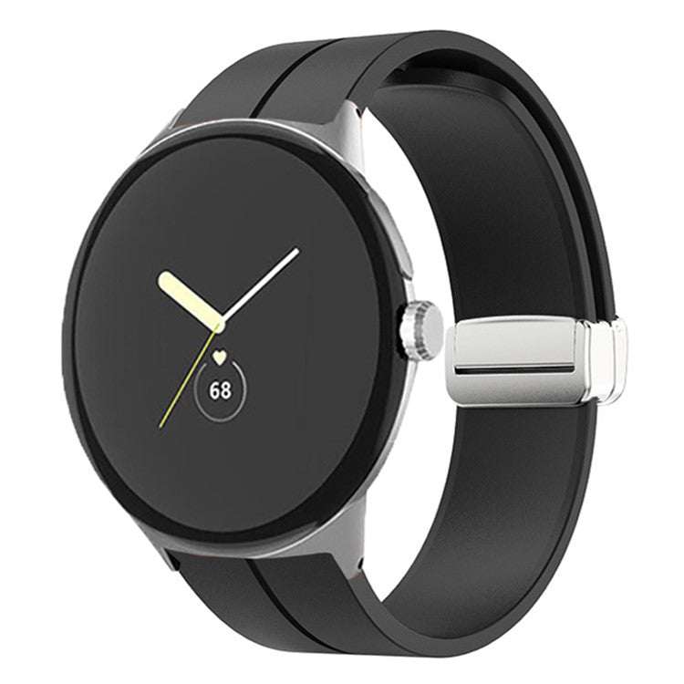 For Google Pixel Watch 2 / Pixel Watch Silicone Sport Band Magnetic Folding Buckle Replacement Watch Strap - Silver Buckle / Black
