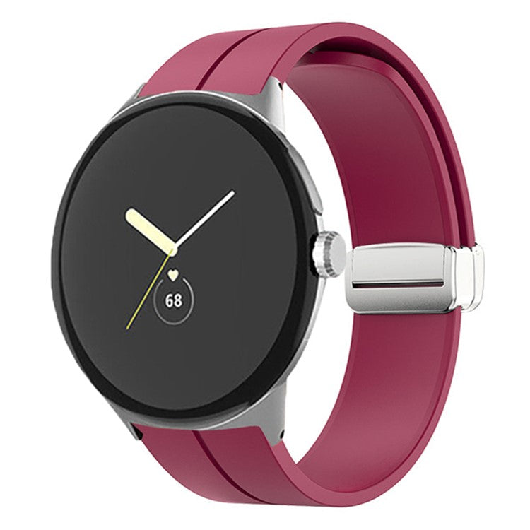 For Google Pixel Watch 2 / Pixel Watch Silicone Sport Band Magnetic Folding Buckle Replacement Watch Strap - Silver Buckle / Wine Red