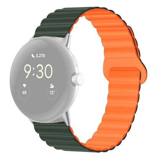 For Google Pixel Watch 2 / Pixel Watch Dual-Color Silicone Replacement Strap 20mm Adjustable Magnetic Closure Watch Band - Blackish Green / Orange
