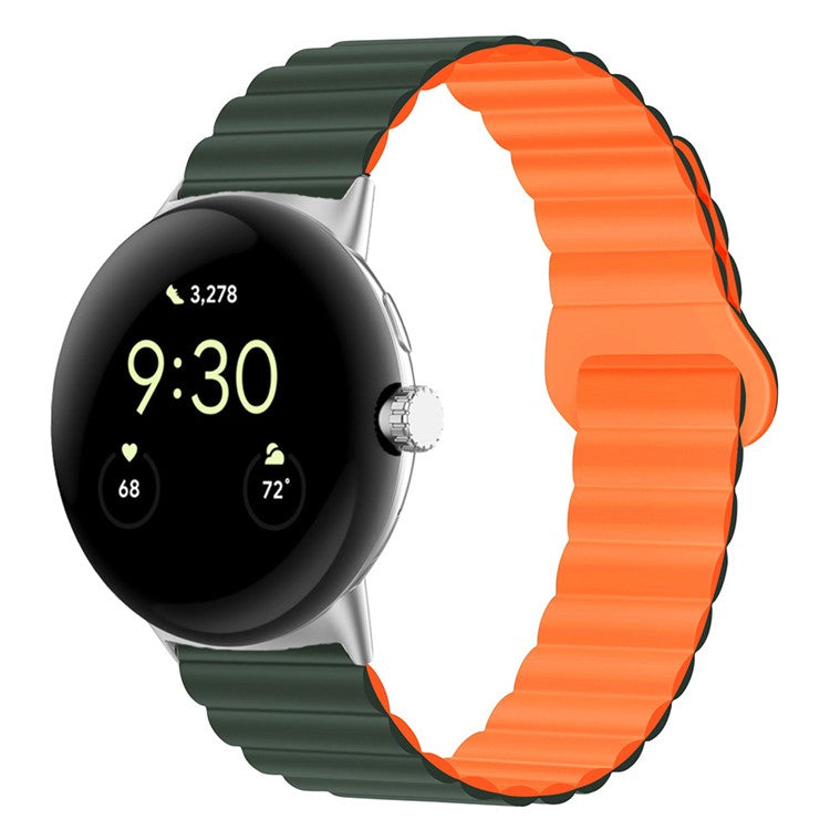 For Google Pixel Watch 2 / Pixel Watch Dual-Color Silicone Replacement Strap 20mm Adjustable Magnetic Closure Watch Band - Blackish Green / Orange