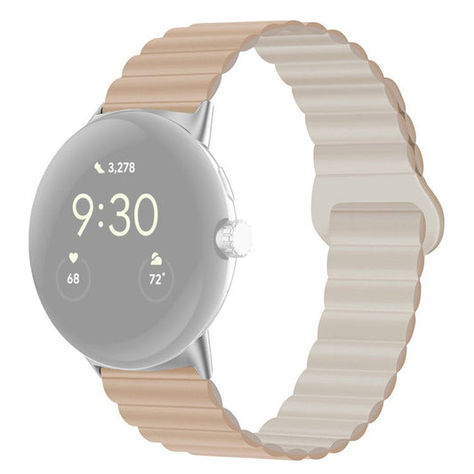 For Google Pixel Watch 2 / Pixel Watch Dual-Color Silicone Replacement Strap 20mm Adjustable Magnetic Closure Watch Band - Milk Tea / Rock White