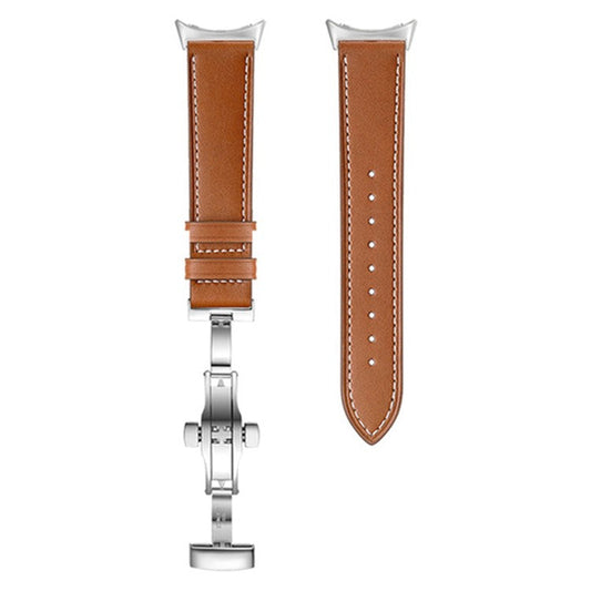 Butterfly Buckle Genuine Leather Strap for Google Pixel Watch 3 41mm / Watch 2 / Pixel Watch Replacement Watch Band - Silver Buckle / Brown