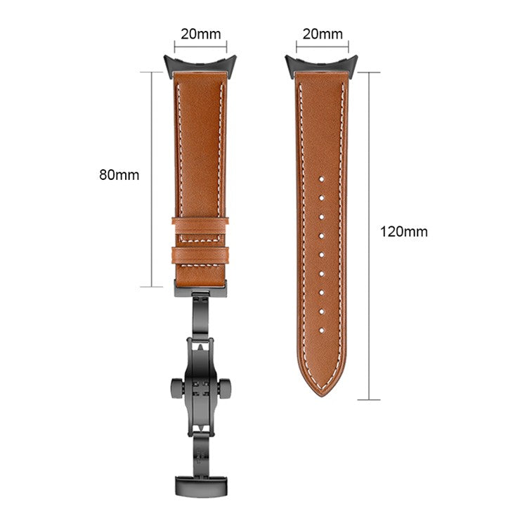 Butterfly Buckle Genuine Leather Strap for Google Pixel Watch 3 41mm / Watch 2 / Pixel Watch Replacement Watch Band - Silver Buckle / Brown