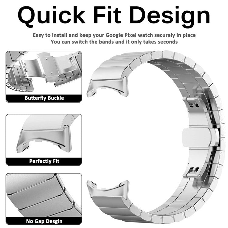 For Google Pixel Watch 2 / Pixel Watch Quick Release Metal Band Butterfly Buckle Clasp Bracelet Watch Strap - Silver