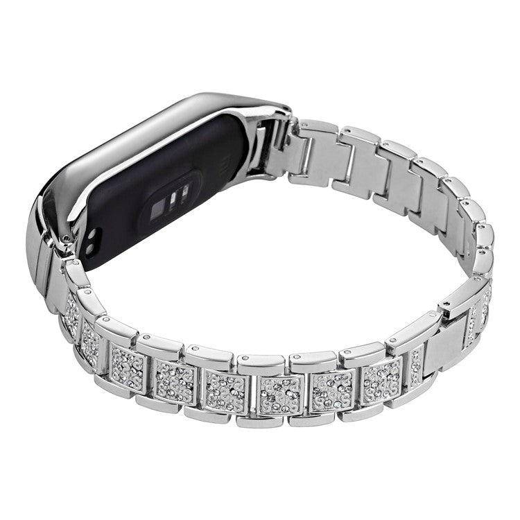 For Xiaomi Mi Band 5 / 6 Rhinestone Decor Smart Watch Band Three Bead Metal Wrist Strap - Silver