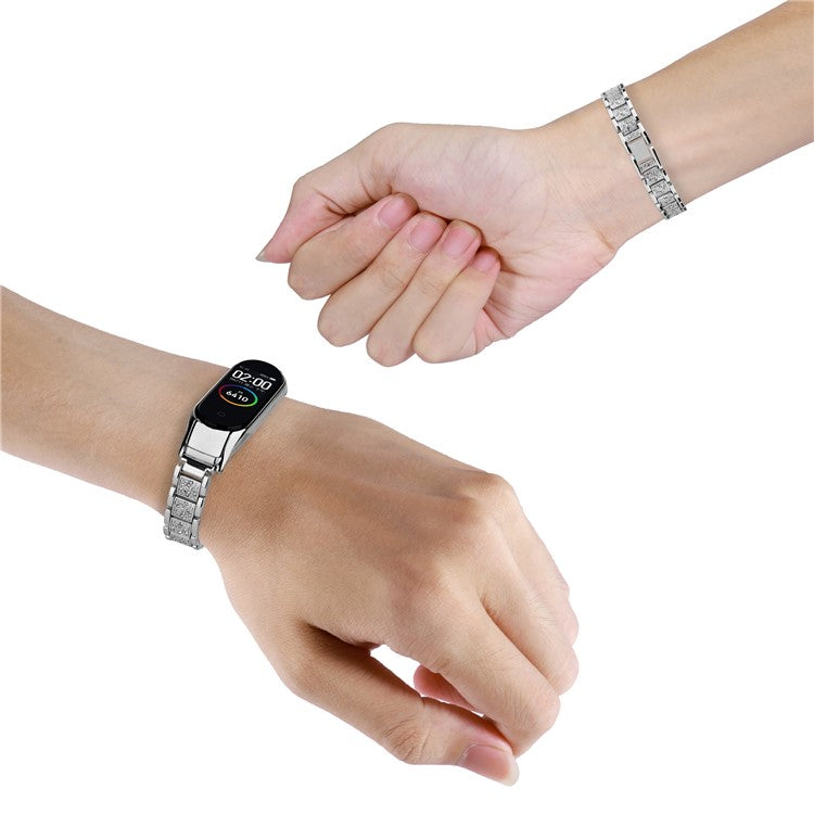 For Xiaomi Mi Band 5 / 6 Rhinestone Decor Smart Watch Band Three Bead Metal Wrist Strap - Silver