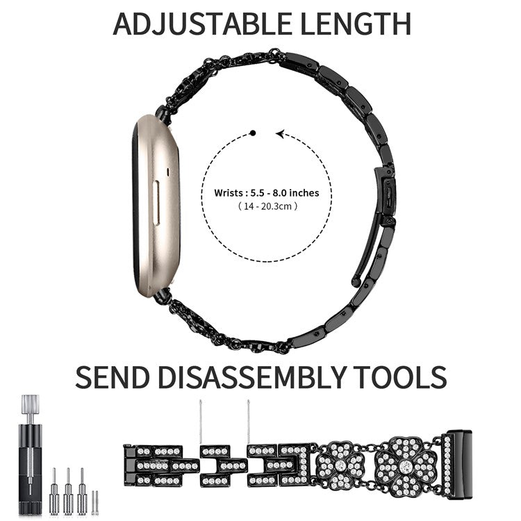 For Fitbit Versa 4 / Sense 2 Watch Strap Rhinestone Decor Replacement Steel Wrist Band - Black