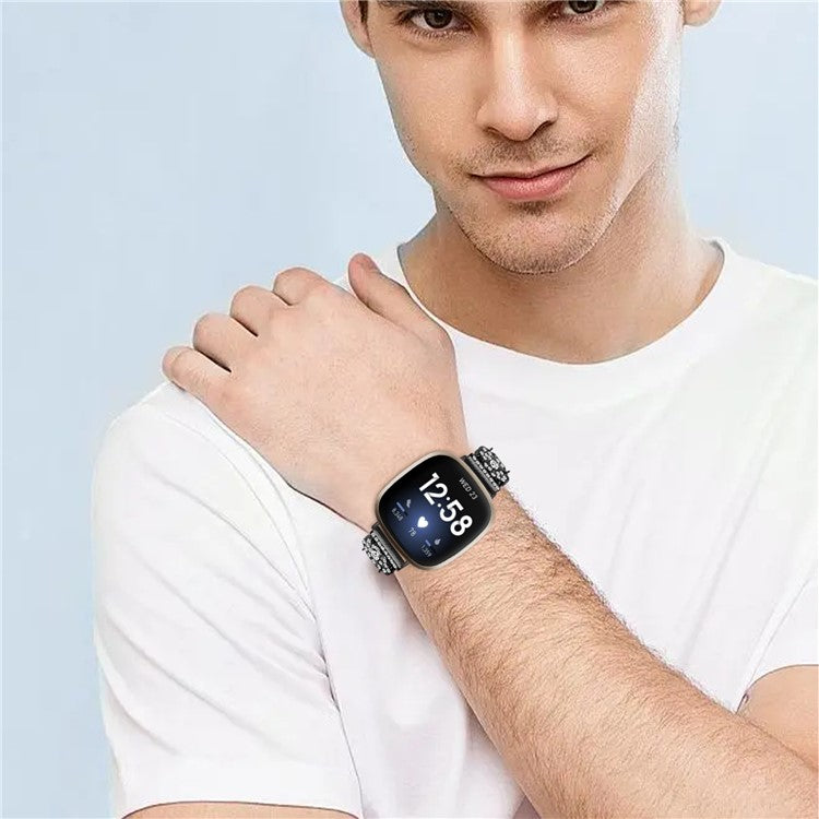 For Fitbit Versa 4 / Sense 2 Watch Strap Rhinestone Decor Replacement Steel Wrist Band - Black