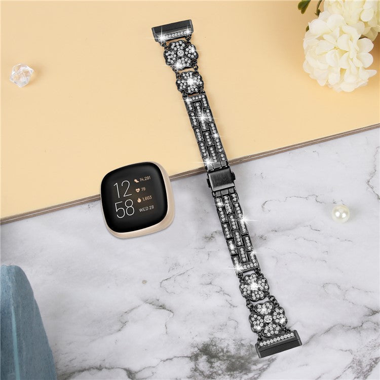 For Fitbit Versa 4 / Sense 2 Watch Strap Rhinestone Decor Replacement Steel Wrist Band - Black