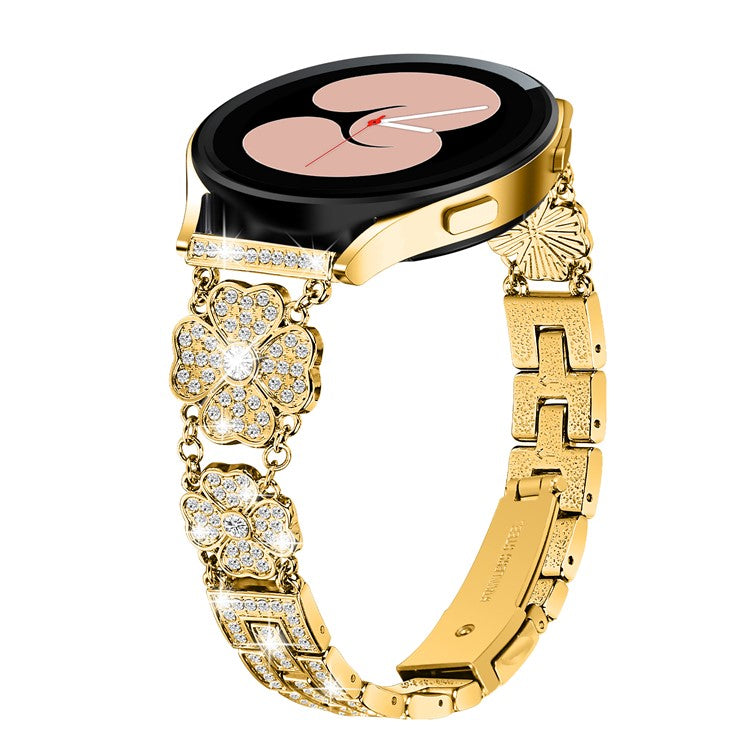 For Samsung Galaxy Watch6 40mm 44mm / Watch6 Classic 43mm 47mm / Watch 5 40mm 44mm / 5 Pro 45mm / Watch4 40mm 44mm Metal Watch Band 20mm Rhinestone Clover Wrist Strap - Gold