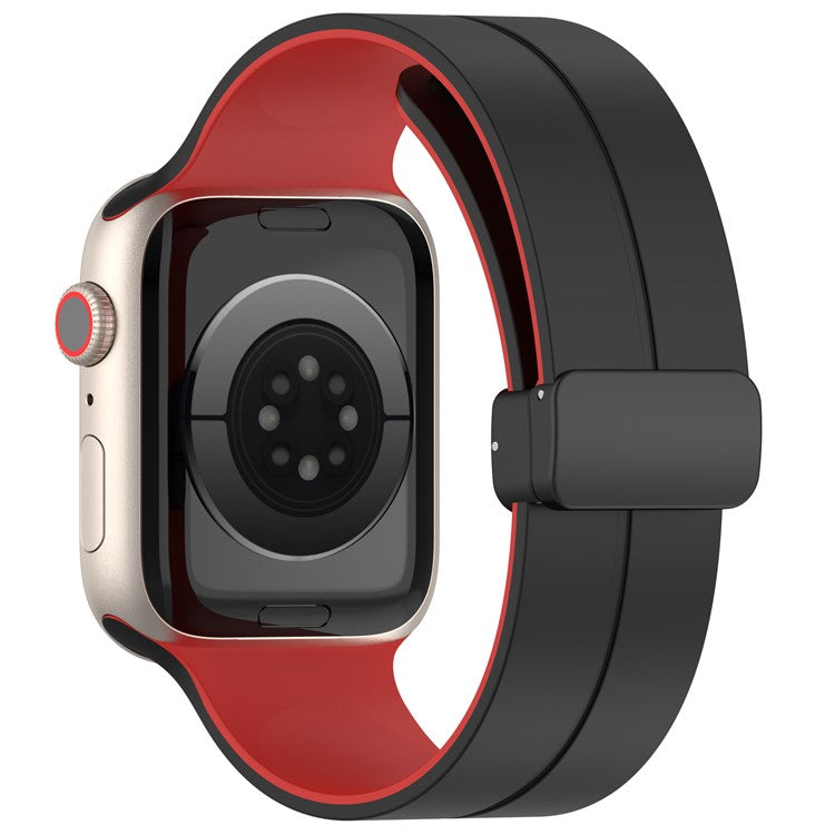 For Apple Watch Series 10 46mm / Ultra 2 Ultra 49mm /  Series 9 8 7 45mm / 6 5 4 SE (2023) SE (2022) SE 44mm / 3 2 1 42mm Silicone Watch Band Magnetic Buckle Wrist Strap - Black / Red