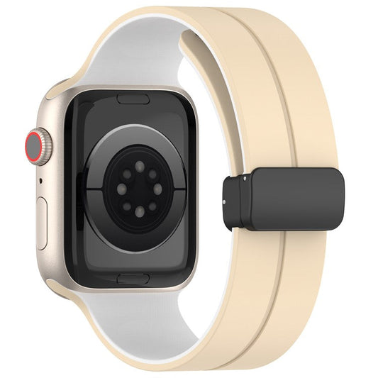 For Apple Watch Series 10 46mm / Ultra 2 Ultra 49mm /  Series 9 8 7 45mm / 6 5 4 SE (2023) SE (2022) SE 44mm / 3 2 1 42mm Silicone Watch Band Magnetic Buckle Wrist Strap - Khaki / White