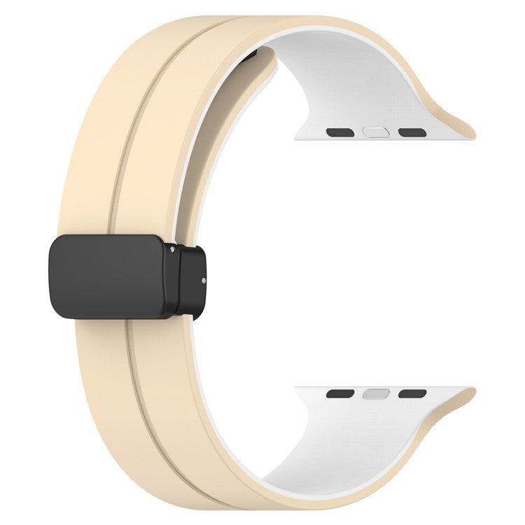 For Apple Watch Series 10 46mm / Ultra 2 Ultra 49mm /  Series 9 8 7 45mm / 6 5 4 SE (2023) SE (2022) SE 44mm / 3 2 1 42mm Silicone Watch Band Magnetic Buckle Wrist Strap - Khaki / White