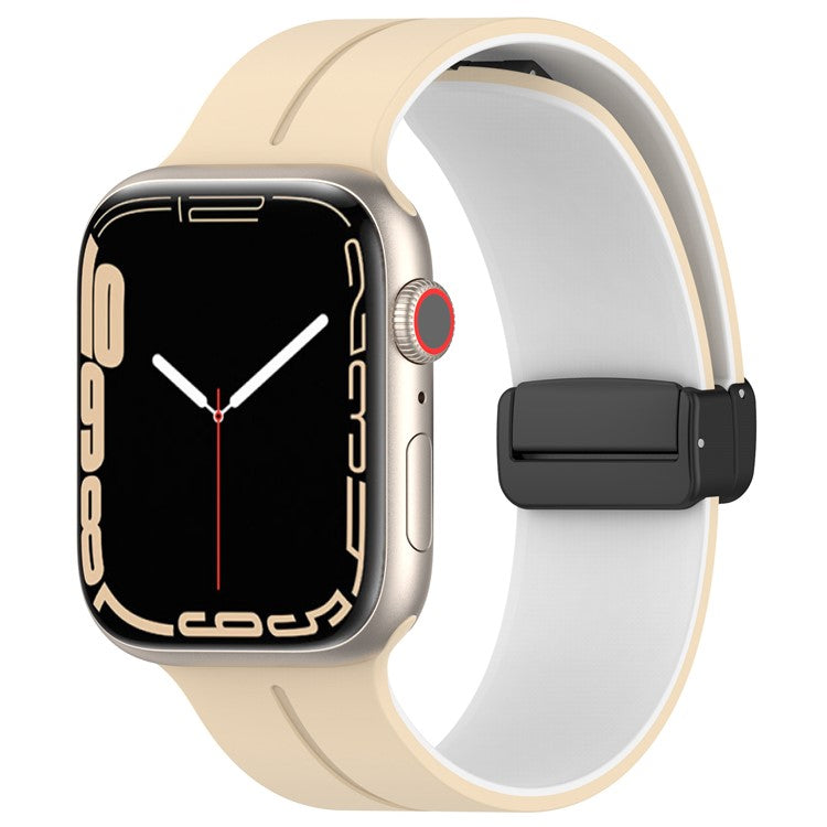 For Apple Watch Series 10 46mm / Ultra 2 Ultra 49mm /  Series 9 8 7 45mm / 6 5 4 SE (2023) SE (2022) SE 44mm / 3 2 1 42mm Silicone Watch Band Magnetic Buckle Wrist Strap - Khaki / White