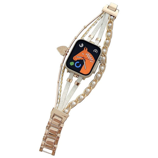 For Apple Watch Series 10 46mm / Ultra 2 Ultra 49mm /  Series 9 8 7 45mm / 6 5 4 SE (2023) SE (2022) SE 44mm / 3 2 1 42mm Metal Leather Strap Heart Pendant Bracelet Watch Band - Gold