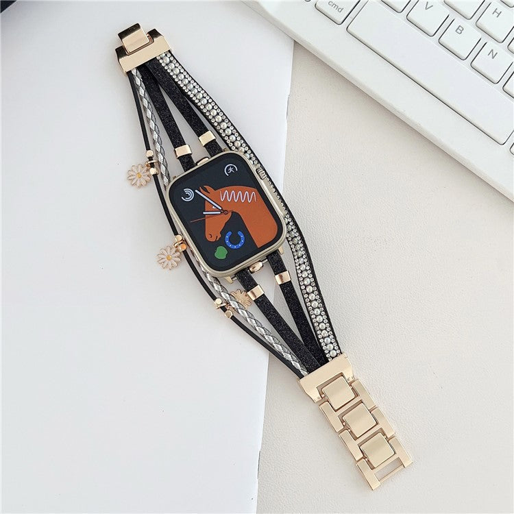 For Apple Watch Series 10 46mm / Ultra 2 Ultra 49mm /  Series 9 8 7 45mm / 6 5 4 SE (2023) SE (2022) SE 44mm / 3 2 1 42mm Metal Leather Strap Flower Pendant Bracelet Watch Band - Black