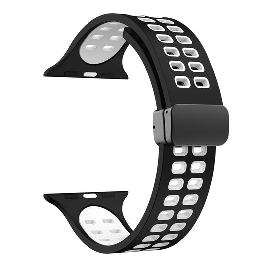 Silicone Watch Band for Apple Watch Series 10 46mm / Ultra 2 Ultra 49mm /  Series 9 8 7 45mm / 6 5 4 SE (2023) SE (2022) SE 44mm / 3 2 1 42mm Magnetic Folding Buckle Dual Color Strap - Black / White
