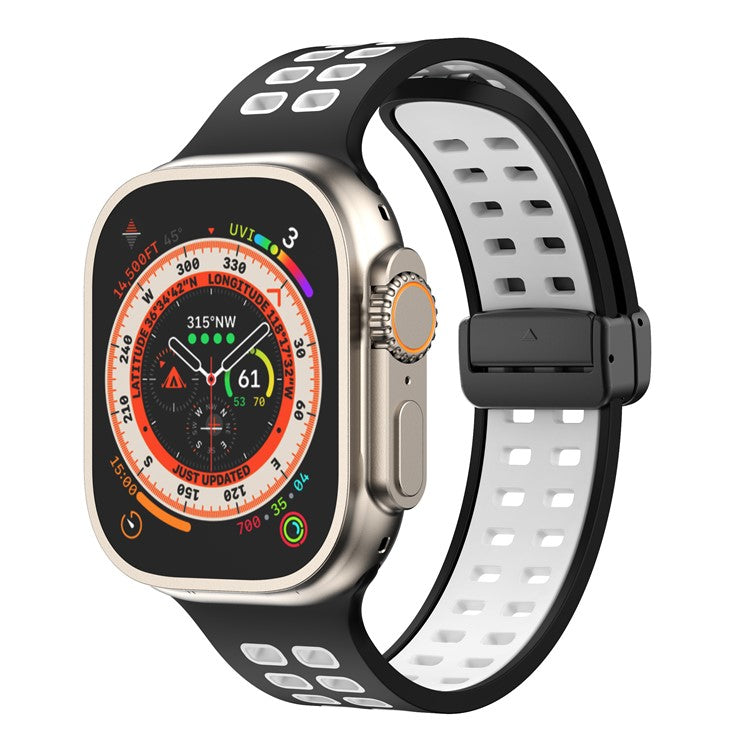 Silicone Watch Band for Apple Watch Series 10 46mm / Ultra 2 Ultra 49mm /  Series 9 8 7 45mm / 6 5 4 SE (2023) SE (2022) SE 44mm / 3 2 1 42mm Magnetic Folding Buckle Dual Color Strap - Black / White