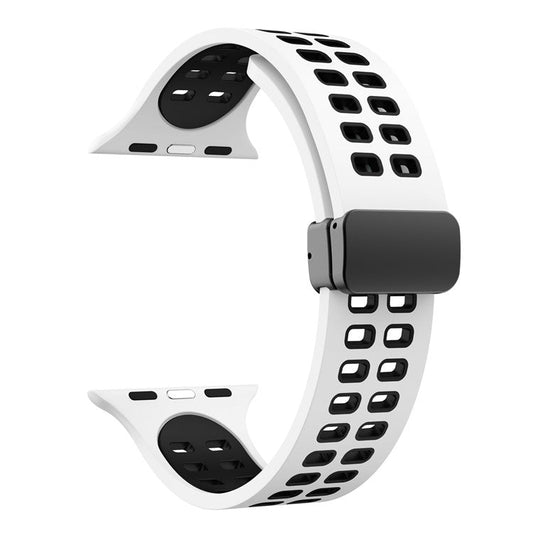 Silicone Watch Band for Apple Watch Series 10 46mm / Ultra 2 Ultra 49mm /  Series 9 8 7 45mm / 6 5 4 SE (2023) SE (2022) SE 44mm / 3 2 1 42mm Magnetic Folding Buckle Dual Color Strap - White / Black