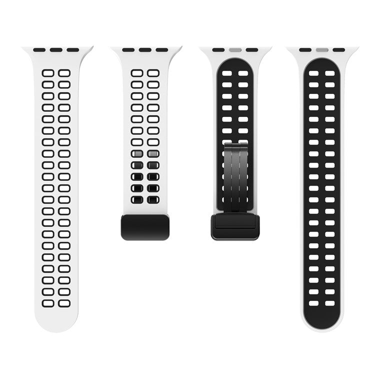 Silicone Watch Band for Apple Watch Series 10 46mm / Ultra 2 Ultra 49mm /  Series 9 8 7 45mm / 6 5 4 SE (2023) SE (2022) SE 44mm / 3 2 1 42mm Magnetic Folding Buckle Dual Color Strap - White / Black