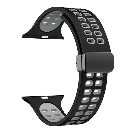 Silicone Watch Band for Apple Watch Series 10 46mm / Ultra 2 Ultra 49mm /  Series 9 8 7 45mm / 6 5 4 SE (2023) SE (2022) SE 44mm / 3 2 1 42mm Magnetic Folding Buckle Dual Color Strap - Black / Grey