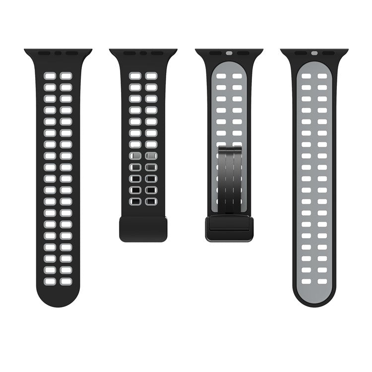 Silicone Watch Band for Apple Watch Series 10 46mm / Ultra 2 Ultra 49mm /  Series 9 8 7 45mm / 6 5 4 SE (2023) SE (2022) SE 44mm / 3 2 1 42mm Magnetic Folding Buckle Dual Color Strap - Black / Grey