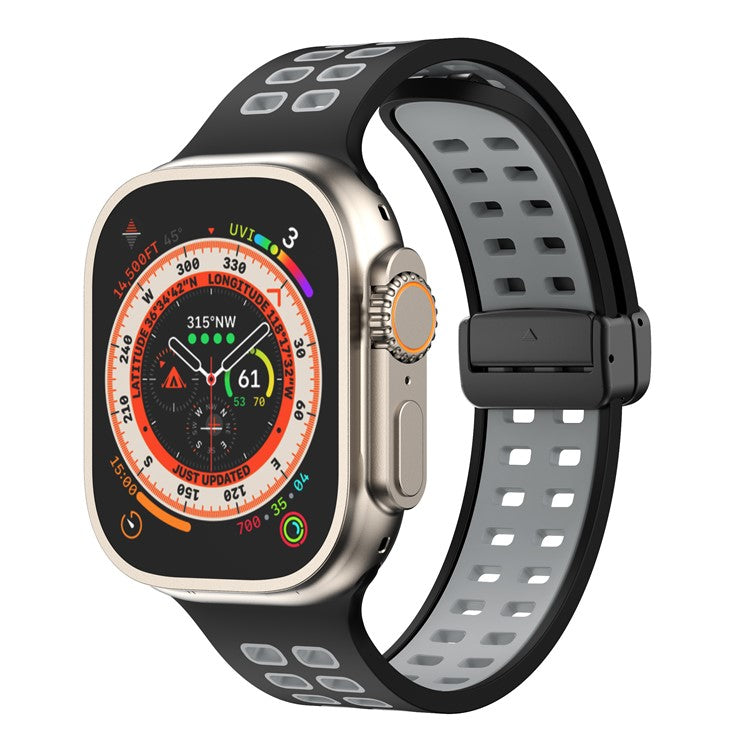 Silicone Watch Band for Apple Watch Series 10 46mm / Ultra 2 Ultra 49mm /  Series 9 8 7 45mm / 6 5 4 SE (2023) SE (2022) SE 44mm / 3 2 1 42mm Magnetic Folding Buckle Dual Color Strap - Black / Grey