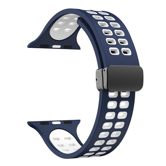 Silicone Band for Apple Watch Series 10 46mm / Ultra 2 Ultra 49mm /  Series 9 8 7 45mm / 6 5 4 SE (2023) SE (2022) SE 44mm / 3 2 1 42mm Magnetic Folding Buckle Dual Color Strap - Dark Blue / White
