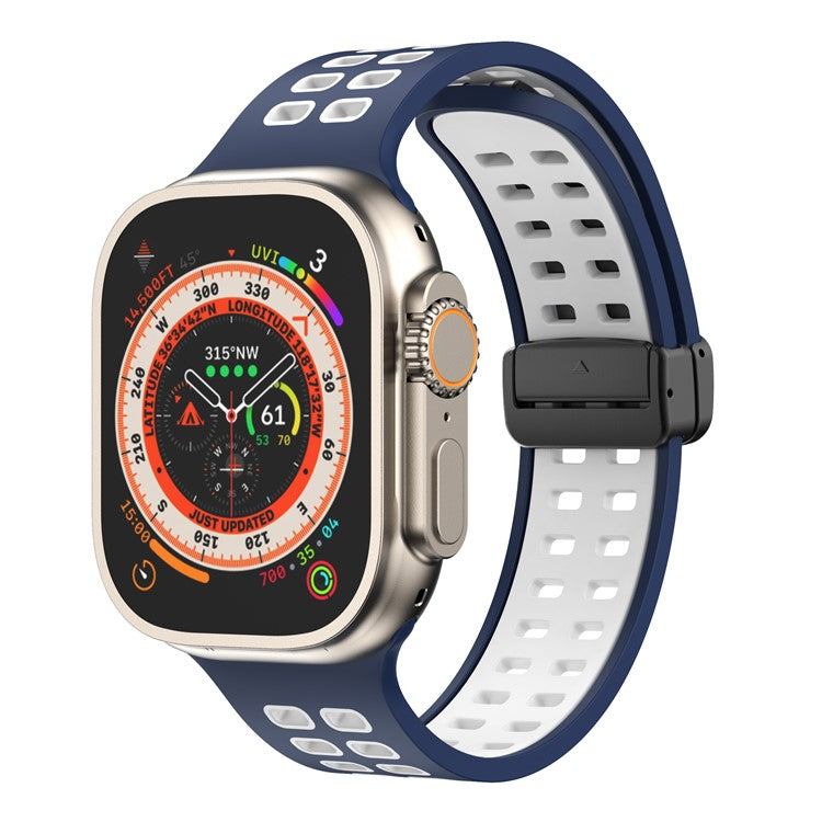 Silicone Band for Apple Watch Series 10 46mm / Ultra 2 Ultra 49mm /  Series 9 8 7 45mm / 6 5 4 SE (2023) SE (2022) SE 44mm / 3 2 1 42mm Magnetic Folding Buckle Dual Color Strap - Dark Blue / White