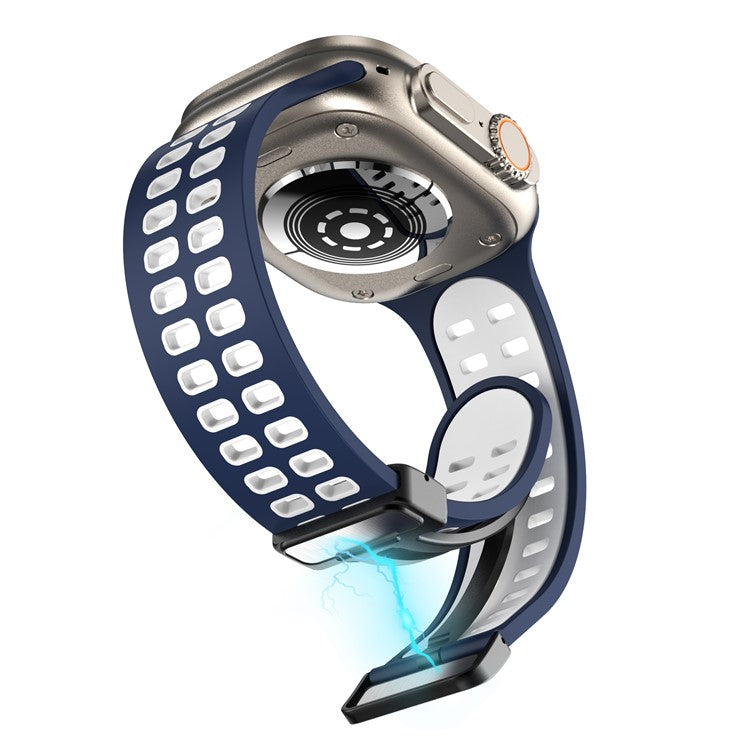 Silicone Band for Apple Watch Series 10 46mm / Ultra 2 Ultra 49mm /  Series 9 8 7 45mm / 6 5 4 SE (2023) SE (2022) SE 44mm / 3 2 1 42mm Magnetic Folding Buckle Dual Color Strap - Dark Blue / White