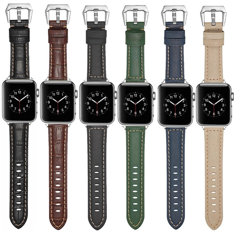 For Apple Watch Series 10 46mm / Ultra 2 Ultra 49mm /  Series 9 8 7 45mm / 6 5 4 SE (2023) SE (2022) SE 44mm / 3 2 1 42mm Watch Band Genuine Leather Silver Buckle Replacement Strap - Matte Brown