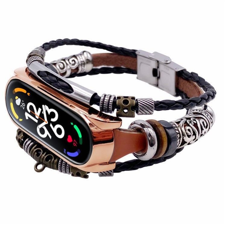 For Xiaomi Mi Band 7 / 7 NFC Leather Watch Band Ethnic Beaded Wrist Strap with Metal Watch Case - Brown / Rose Gold Case