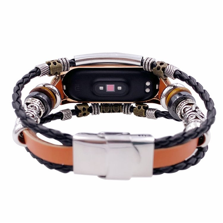 For Xiaomi Mi Band 7 / 7 NFC Leather Watch Band Ethnic Beaded Wrist Strap with Metal Watch Case - Brown / Rose Gold Case