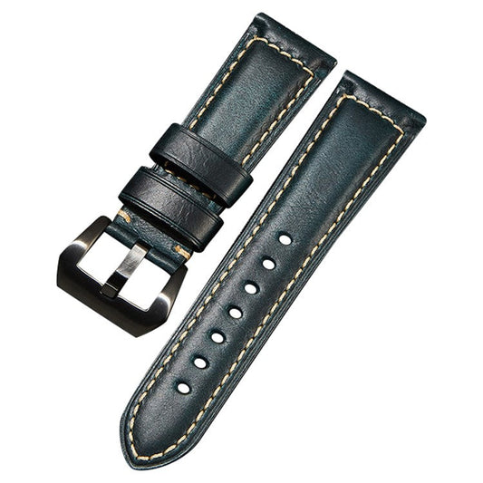 Retro Watch Band 22mm Genuine Cow Leather Wristwatch Strap - Dark Blue / Black Buckle
