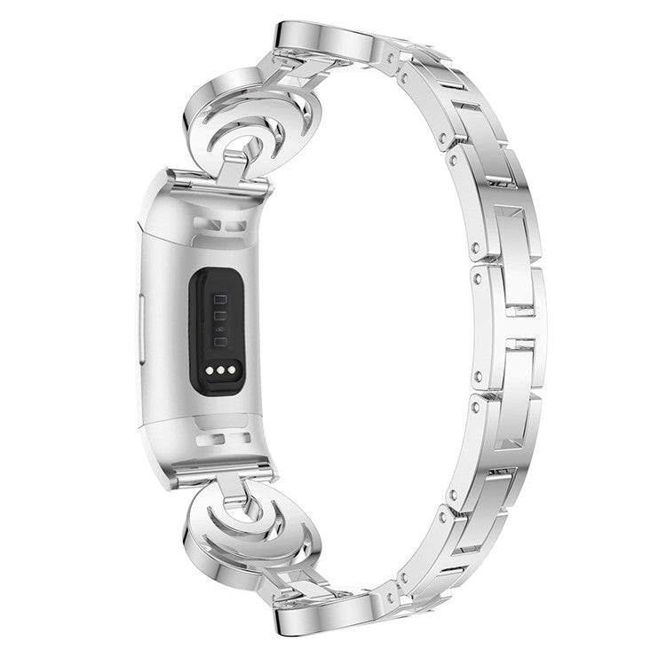 Metal Wrist Band for Fitbit Charge 6 / 5 Watch Strap Moon Design Rhinestones Decor Replacement - Silver