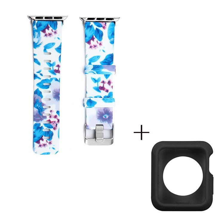 For Apple Watch Series 1  /  2  /  3 38mm Replace Silicone Strap Pattern Printing Watch Band with Black TPU Case - Style G
