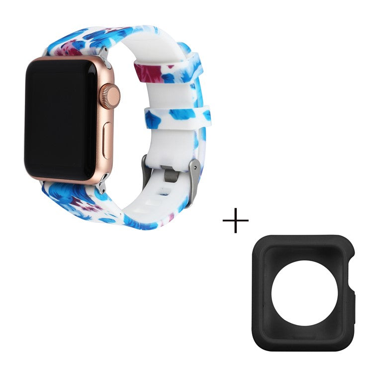 For Apple Watch Series 1  /  2  /  3 38mm Replace Silicone Strap Pattern Printing Watch Band with Black TPU Case - Style G