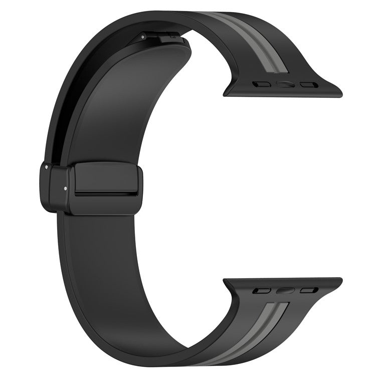 Waxy Cowhide Leather Watchband for Apple Watch Series 10 42mm / 9 8 7 41mm / SE (2023) SE (2022) SE 6 5 4 40mm / 3 2 1 38mm Bi-Color Silicone Strap Magnetic Buckle - Black / Grey